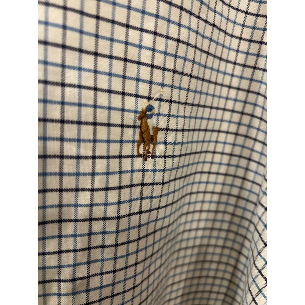 Ralph Lauren Button Down Shirt Blue White Check Classic Fit Sleeve Pony Logo
